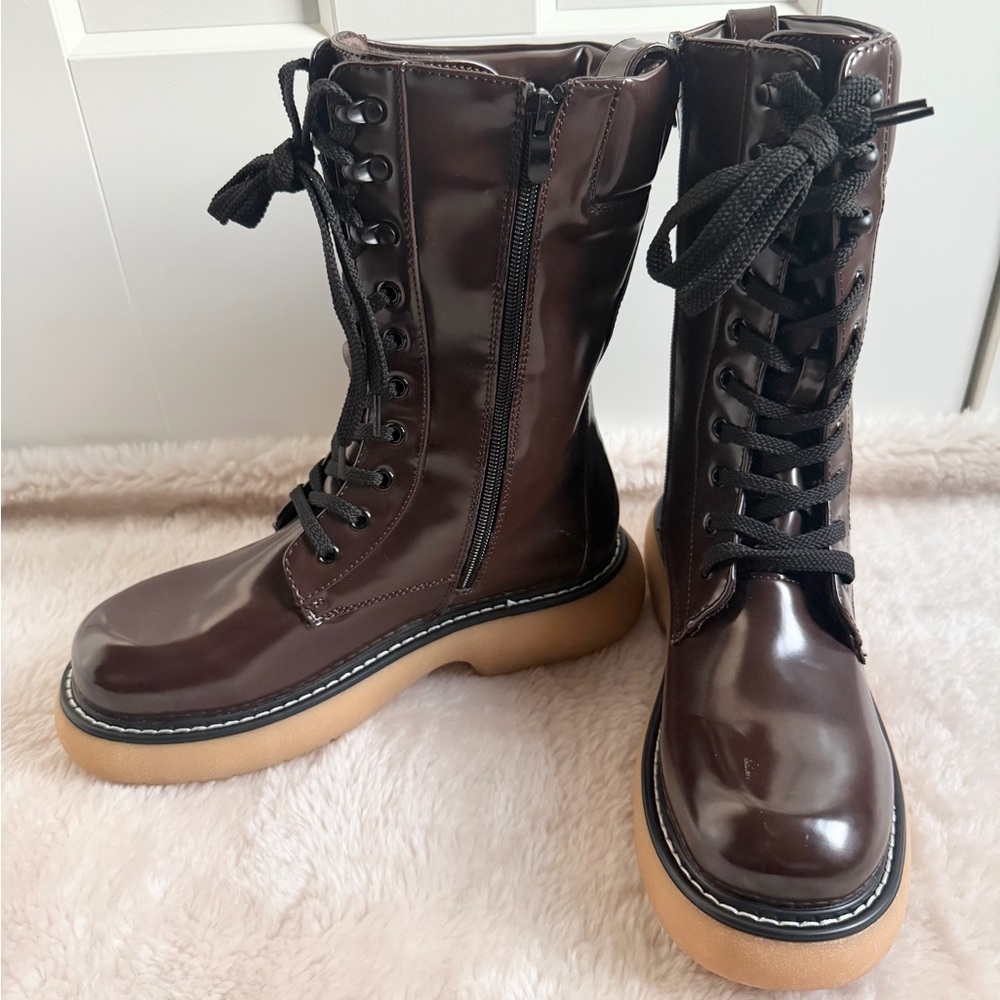 Dream Pairs Glossy Dark Brown Lace-Up Combat Boots - Picture 11 of 17